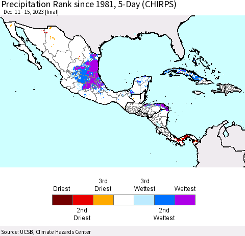 Mexico Central America and the Caribbean Precipitation Rank since 1981, 5-Day (CHIRPS) Thematic Map For 12/11/2023 - 12/15/2023