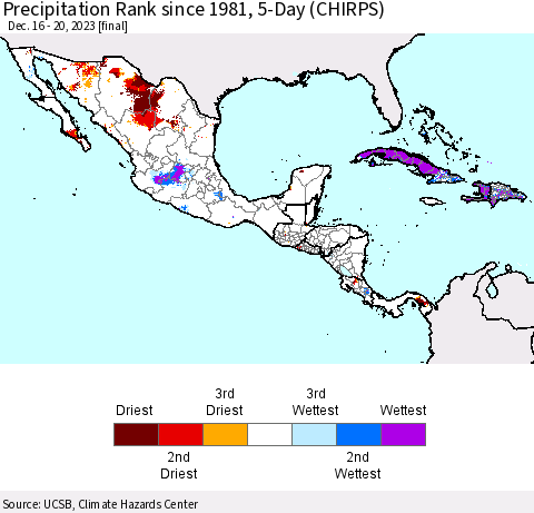 Mexico Central America and the Caribbean Precipitation Rank since 1981, 5-Day (CHIRPS) Thematic Map For 12/16/2023 - 12/20/2023