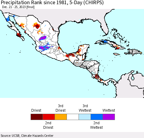 Mexico Central America and the Caribbean Precipitation Rank since 1981, 5-Day (CHIRPS) Thematic Map For 12/21/2023 - 12/25/2023