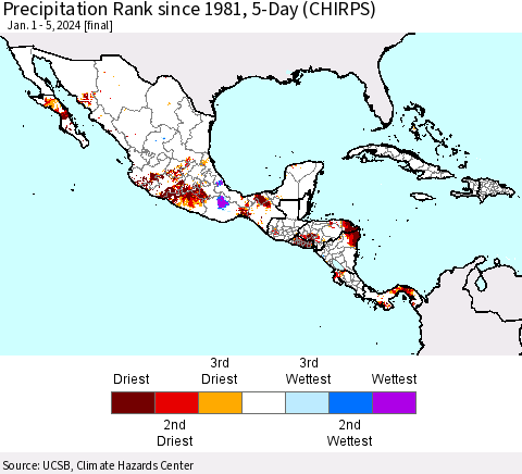 Mexico Central America and the Caribbean Precipitation Rank since 1981, 5-Day (CHIRPS) Thematic Map For 1/1/2024 - 1/5/2024