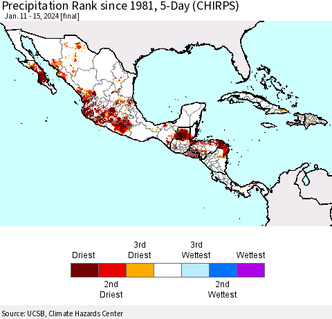 Mexico Central America and the Caribbean Precipitation Rank since 1981, 5-Day (CHIRPS) Thematic Map For 1/11/2024 - 1/15/2024