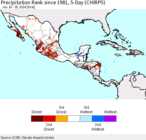 Mexico Central America and the Caribbean Precipitation Rank since 1981, 5-Day (CHIRPS) Thematic Map For 1/16/2024 - 1/20/2024