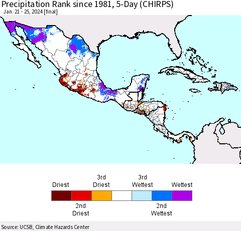 Mexico Central America and the Caribbean Precipitation Rank since 1981, 5-Day (CHIRPS) Thematic Map For 1/21/2024 - 1/25/2024