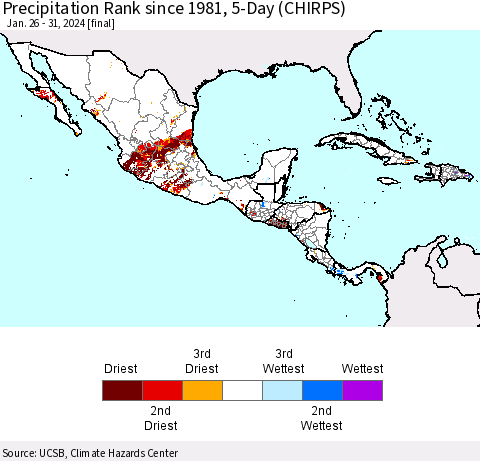 Mexico Central America and the Caribbean Precipitation Rank since 1981, 5-Day (CHIRPS) Thematic Map For 1/26/2024 - 1/31/2024