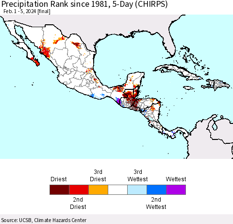 Mexico Central America and the Caribbean Precipitation Rank since 1981, 5-Day (CHIRPS) Thematic Map For 2/1/2024 - 2/5/2024