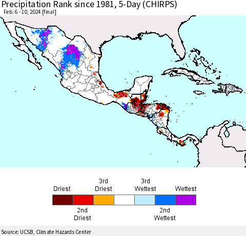 Mexico Central America and the Caribbean Precipitation Rank since 1981, 5-Day (CHIRPS) Thematic Map For 2/6/2024 - 2/10/2024