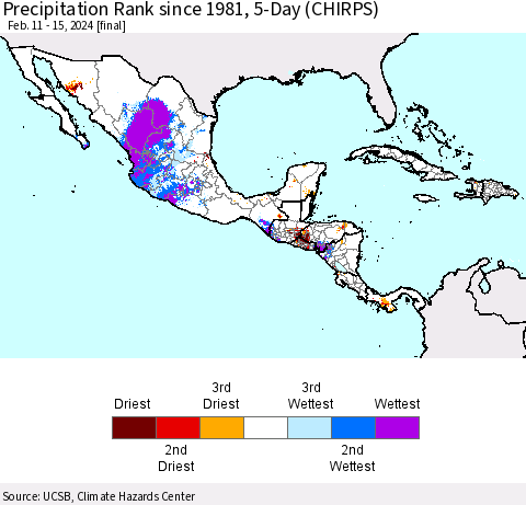 Mexico Central America and the Caribbean Precipitation Rank since 1981, 5-Day (CHIRPS) Thematic Map For 2/11/2024 - 2/15/2024