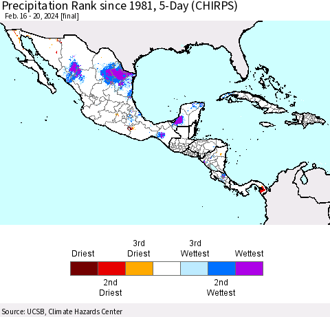 Mexico Central America and the Caribbean Precipitation Rank since 1981, 5-Day (CHIRPS) Thematic Map For 2/16/2024 - 2/20/2024