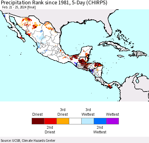 Mexico Central America and the Caribbean Precipitation Rank since 1981, 5-Day (CHIRPS) Thematic Map For 2/21/2024 - 2/25/2024