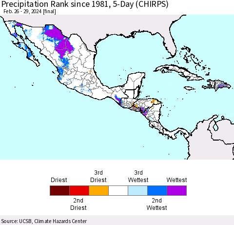 Mexico Central America and the Caribbean Precipitation Rank since 1981, 5-Day (CHIRPS) Thematic Map For 2/26/2024 - 2/29/2024