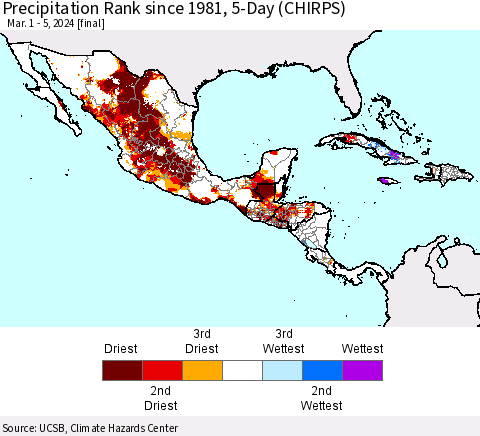 Mexico Central America and the Caribbean Precipitation Rank since 1981, 5-Day (CHIRPS) Thematic Map For 3/1/2024 - 3/5/2024