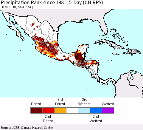 Mexico Central America and the Caribbean Precipitation Rank since 1981, 5-Day (CHIRPS) Thematic Map For 3/6/2024 - 3/10/2024