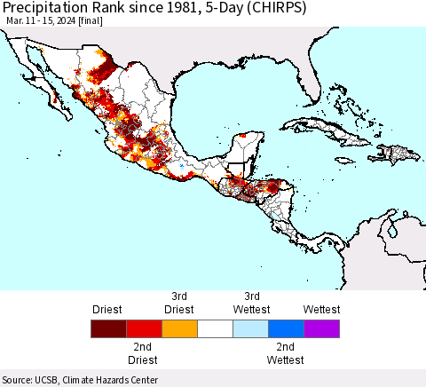 Mexico Central America and the Caribbean Precipitation Rank since 1981, 5-Day (CHIRPS) Thematic Map For 3/11/2024 - 3/15/2024