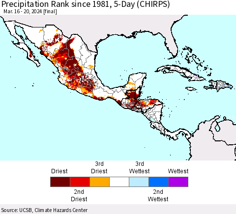 Mexico Central America and the Caribbean Precipitation Rank since 1981, 5-Day (CHIRPS) Thematic Map For 3/16/2024 - 3/20/2024
