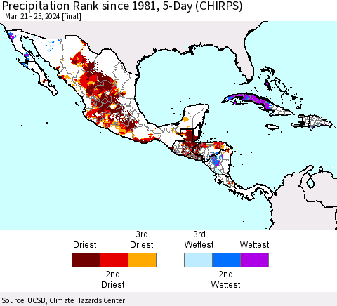 Mexico Central America and the Caribbean Precipitation Rank since 1981, 5-Day (CHIRPS) Thematic Map For 3/21/2024 - 3/25/2024