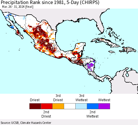 Mexico Central America and the Caribbean Precipitation Rank since 1981, 5-Day (CHIRPS) Thematic Map For 3/26/2024 - 3/31/2024