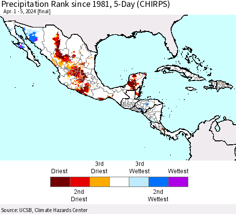 Mexico Central America and the Caribbean Precipitation Rank since 1981, 5-Day (CHIRPS) Thematic Map For 4/1/2024 - 4/5/2024