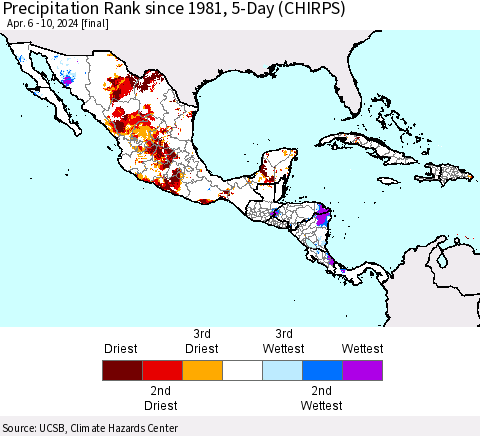 Mexico Central America and the Caribbean Precipitation Rank since 1981, 5-Day (CHIRPS) Thematic Map For 4/6/2024 - 4/10/2024