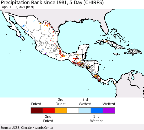 Mexico Central America and the Caribbean Precipitation Rank since 1981, 5-Day (CHIRPS) Thematic Map For 4/11/2024 - 4/15/2024