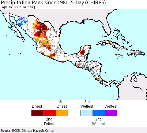Mexico Central America and the Caribbean Precipitation Rank since 1981, 5-Day (CHIRPS) Thematic Map For 4/16/2024 - 4/20/2024
