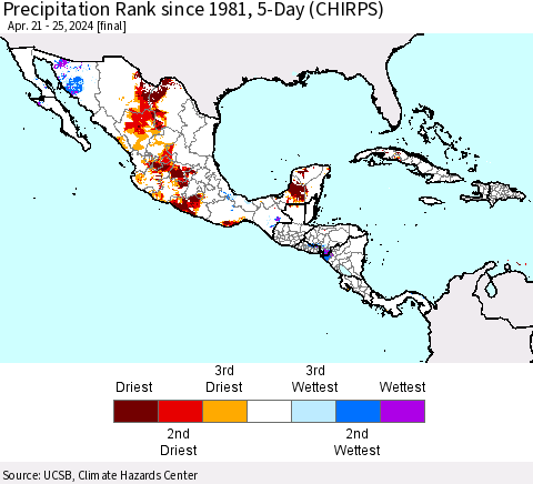 Mexico Central America and the Caribbean Precipitation Rank since 1981, 5-Day (CHIRPS) Thematic Map For 4/21/2024 - 4/25/2024