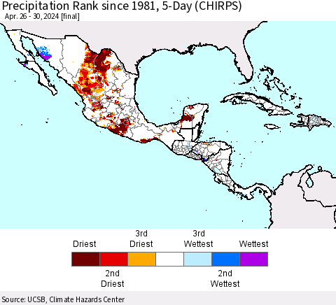 Mexico Central America and the Caribbean Precipitation Rank since 1981, 5-Day (CHIRPS) Thematic Map For 4/26/2024 - 4/30/2024