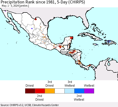 Mexico Central America and the Caribbean Precipitation Rank since 1981, 5-Day (CHIRPS) Thematic Map For 5/1/2024 - 5/5/2024