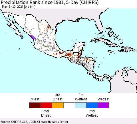 Mexico Central America and the Caribbean Precipitation Rank since 1981, 5-Day (CHIRPS) Thematic Map For 5/6/2024 - 5/10/2024