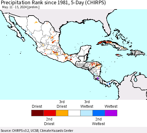 Mexico Central America and the Caribbean Precipitation Rank since 1981, 5-Day (CHIRPS) Thematic Map For 5/11/2024 - 5/15/2024