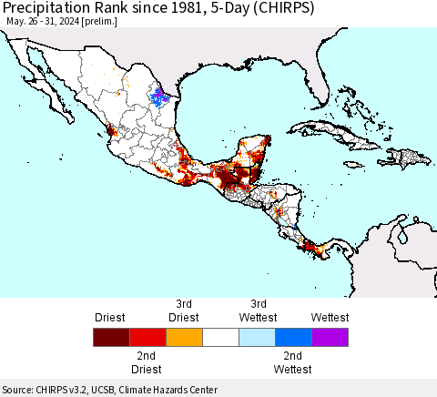 Mexico Central America and the Caribbean Precipitation Rank since 1981, 5-Day (CHIRPS) Thematic Map For 5/26/2024 - 5/31/2024
