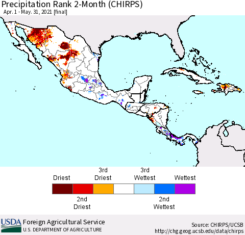 Mexico Central America and the Caribbean Precipitation Rank since 1981, 2-Month (CHIRPS) Thematic Map For 4/1/2021 - 5/31/2021
