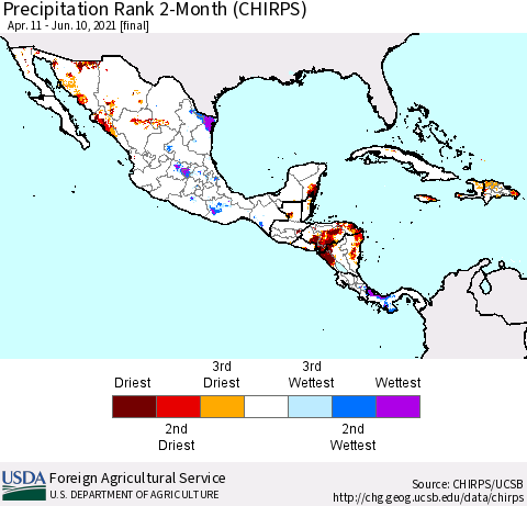 Mexico Central America and the Caribbean Precipitation Rank since 1981, 2-Month (CHIRPS) Thematic Map For 4/11/2021 - 6/10/2021