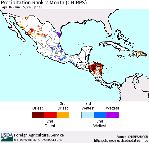 Mexico Central America and the Caribbean Precipitation Rank since 1981, 2-Month (CHIRPS) Thematic Map For 4/16/2021 - 6/15/2021