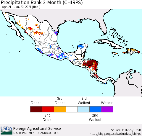 Mexico Central America and the Caribbean Precipitation Rank since 1981, 2-Month (CHIRPS) Thematic Map For 4/21/2021 - 6/20/2021