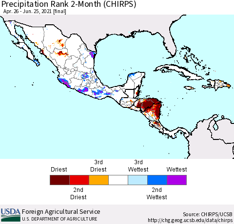 Mexico Central America and the Caribbean Precipitation Rank since 1981, 2-Month (CHIRPS) Thematic Map For 4/26/2021 - 6/25/2021