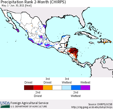 Mexico Central America and the Caribbean Precipitation Rank since 1981, 2-Month (CHIRPS) Thematic Map For 5/1/2021 - 6/30/2021