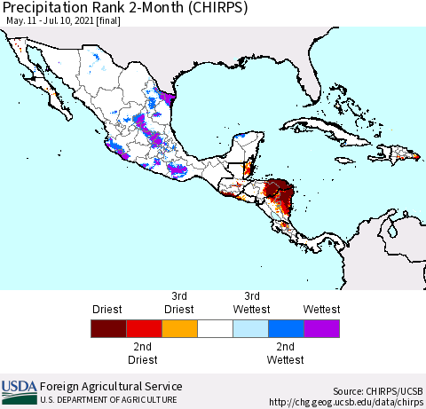 Mexico Central America and the Caribbean Precipitation Rank since 1981, 2-Month (CHIRPS) Thematic Map For 5/11/2021 - 7/10/2021