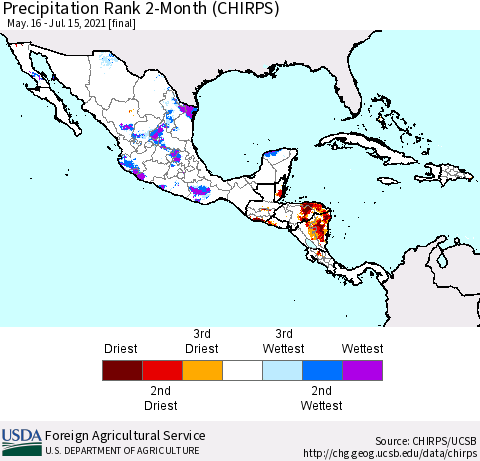 Mexico Central America and the Caribbean Precipitation Rank since 1981, 2-Month (CHIRPS) Thematic Map For 5/16/2021 - 7/15/2021