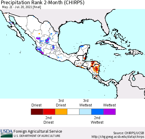 Mexico Central America and the Caribbean Precipitation Rank since 1981, 2-Month (CHIRPS) Thematic Map For 5/21/2021 - 7/20/2021