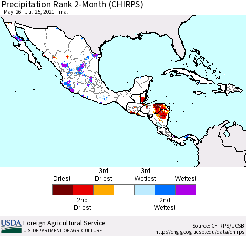Mexico Central America and the Caribbean Precipitation Rank since 1981, 2-Month (CHIRPS) Thematic Map For 5/26/2021 - 7/25/2021