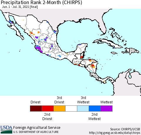 Mexico Central America and the Caribbean Precipitation Rank since 1981, 2-Month (CHIRPS) Thematic Map For 6/1/2021 - 7/31/2021