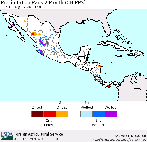Mexico Central America and the Caribbean Precipitation Rank since 1981, 2-Month (CHIRPS) Thematic Map For 6/16/2021 - 8/15/2021