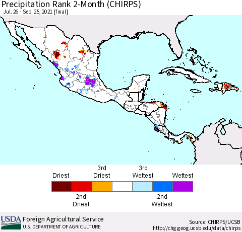 Mexico Central America and the Caribbean Precipitation Rank since 1981, 2-Month (CHIRPS) Thematic Map For 7/26/2021 - 9/25/2021
