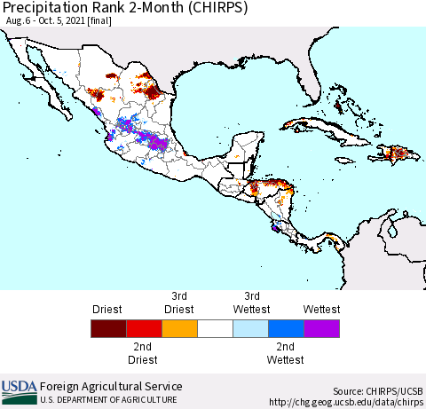 Mexico Central America and the Caribbean Precipitation Rank since 1981, 2-Month (CHIRPS) Thematic Map For 8/6/2021 - 10/5/2021