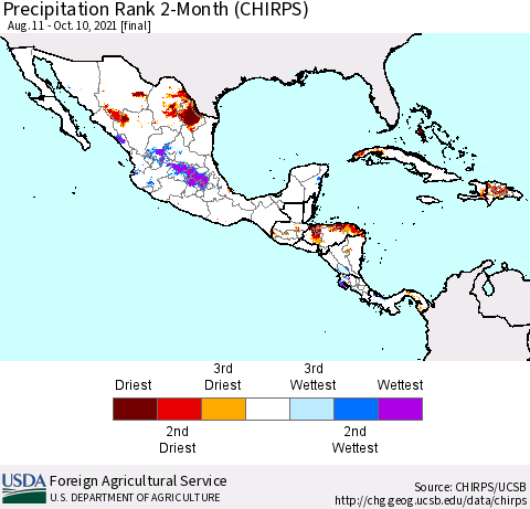 Mexico Central America and the Caribbean Precipitation Rank since 1981, 2-Month (CHIRPS) Thematic Map For 8/11/2021 - 10/10/2021