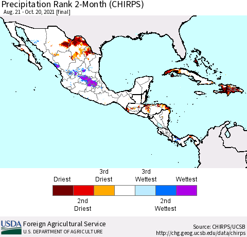 Mexico Central America and the Caribbean Precipitation Rank since 1981, 2-Month (CHIRPS) Thematic Map For 8/21/2021 - 10/20/2021
