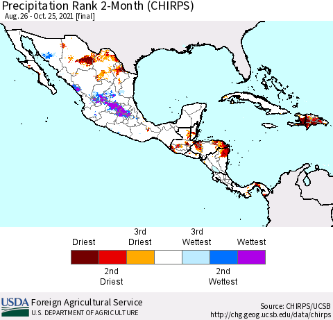 Mexico Central America and the Caribbean Precipitation Rank since 1981, 2-Month (CHIRPS) Thematic Map For 8/26/2021 - 10/25/2021