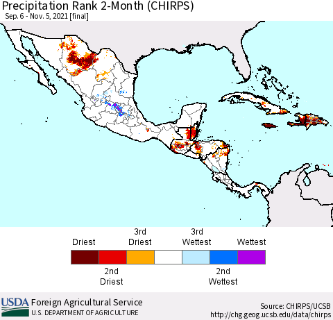 Mexico Central America and the Caribbean Precipitation Rank since 1981, 2-Month (CHIRPS) Thematic Map For 9/6/2021 - 11/5/2021