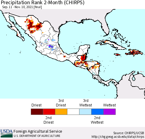 Mexico Central America and the Caribbean Precipitation Rank since 1981, 2-Month (CHIRPS) Thematic Map For 9/11/2021 - 11/10/2021