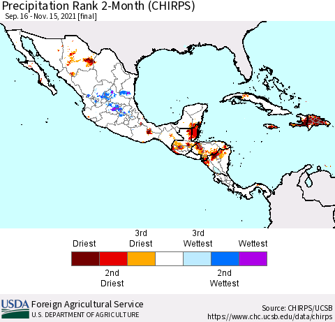 Mexico Central America and the Caribbean Precipitation Rank since 1981, 2-Month (CHIRPS) Thematic Map For 9/16/2021 - 11/15/2021